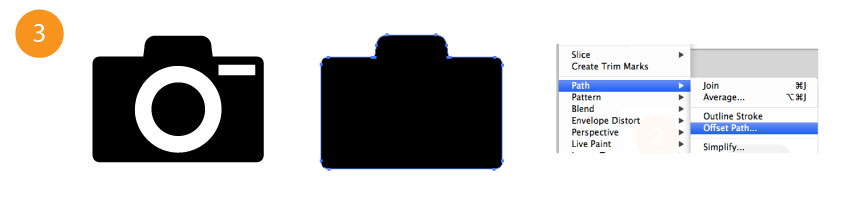 camera icon and copied camera icon showing to how create offset paths for sticker printing using adobe illustrator