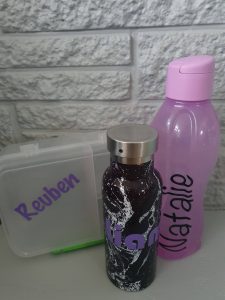 Custom vinyl die cut name sticker for lunch box and drink bottle