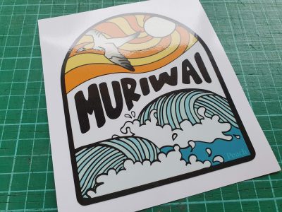 Muriwai beach community stickers colourful wave vinyl digital print laminated