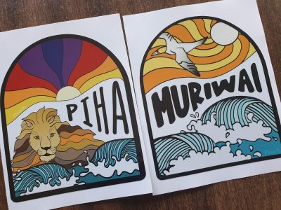 Full colour digital print community stickers for piha muriwai beach