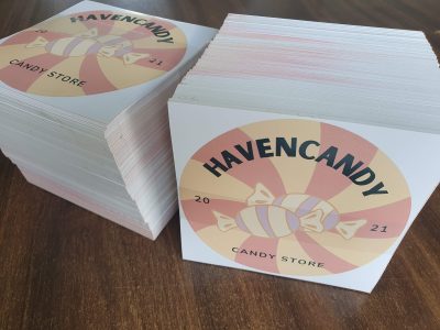 stacks of full colour printed circle stickers for havencandy