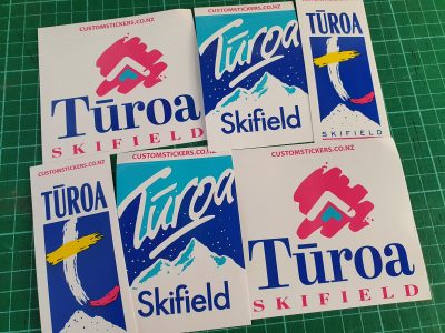 Multicoloured screenprinted retro stickers for Turoa Ski field