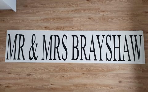 Wedding banner sticker vinyl decal saying Mr & Mrs Brayshaw