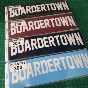 Boardertown bumper stickers stacked